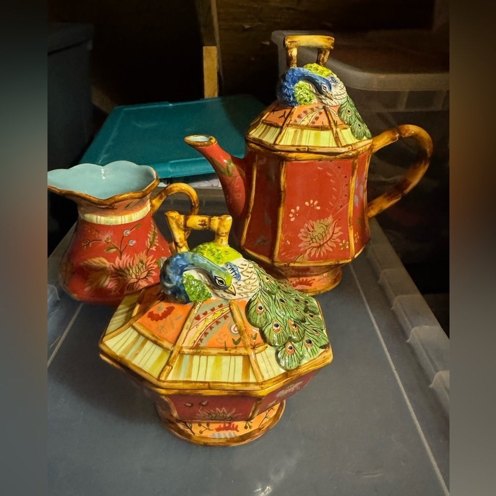 Tracy Porter the Artisian Road Peacock Collection- pitcher, sugar bowl & creamer